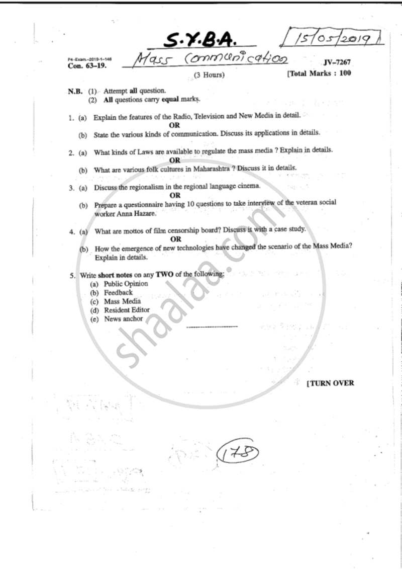 Mass Communication 2018-2019 - B.A. - 2nd Year (SYBA) - University of Mumbai question paper with PDF download