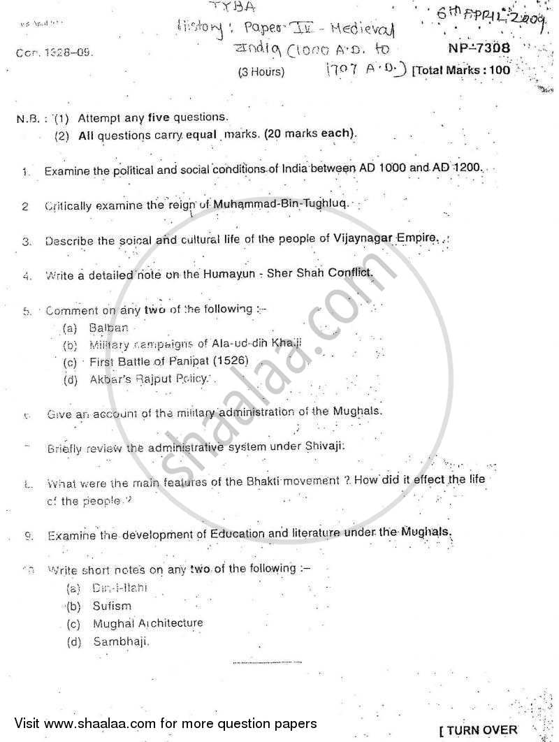 Medieval India (1000 AD to 1707 AD) 2008-2009 - B.A. - 3rd Year (TYBA) - University of Mumbai question paper with PDF download