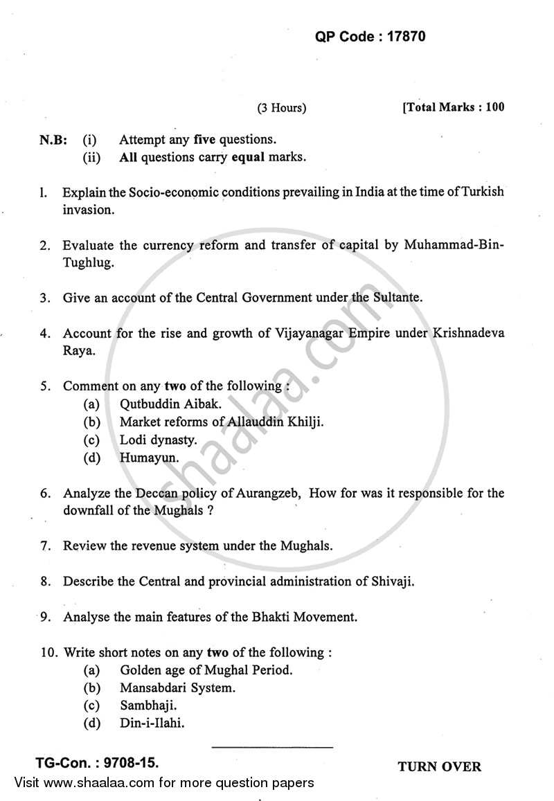 Medieval India (1000 AD to 1707 AD) 2014-2015 - B.A. - 3rd Year (TYBA) - University of Mumbai question paper with PDF download