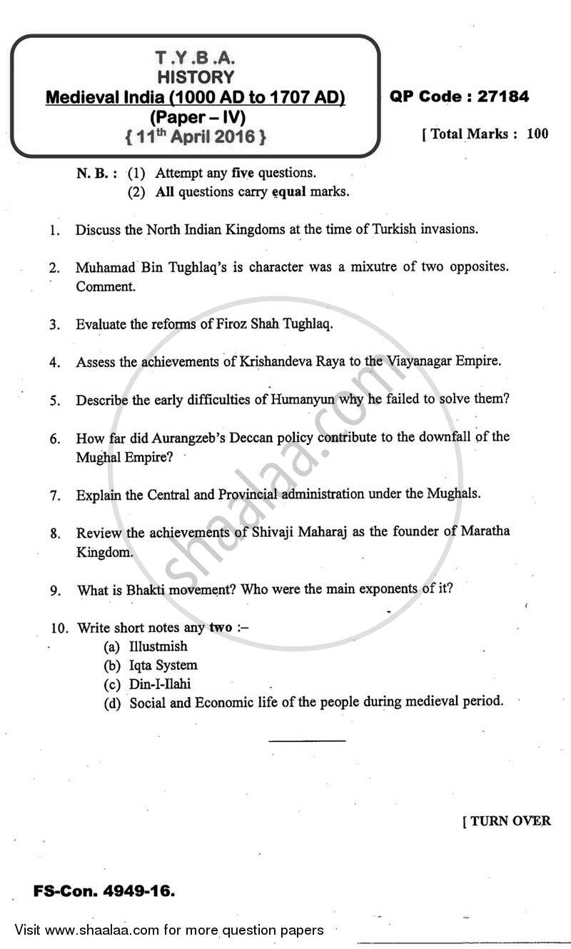 Medieval India (1000 AD to 1707 AD) 2015-2016 - B.A. - 3rd Year (TYBA) - University of Mumbai question paper with PDF download