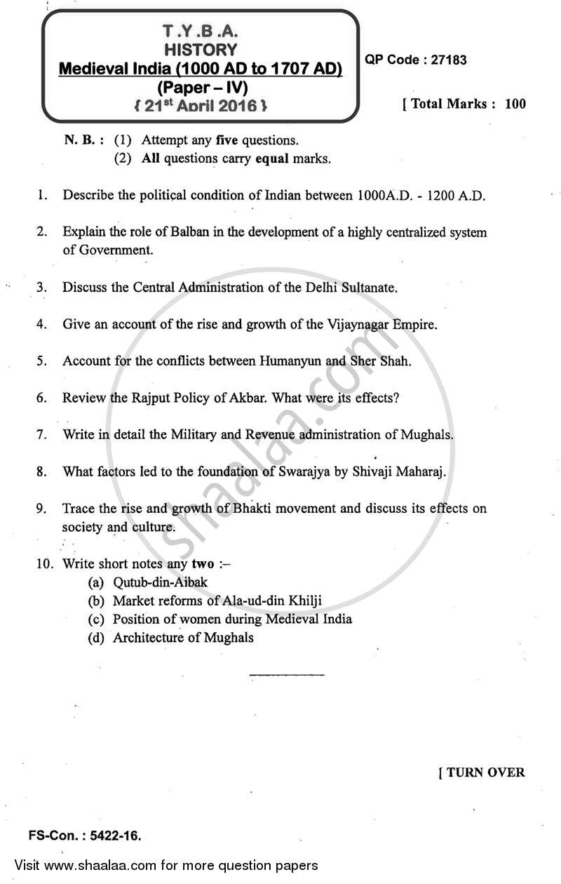 Medieval India (1000 AD to 1707 AD) 2015-2016 - B.A. - 3rd Year (TYBA) - University of Mumbai question paper with PDF download