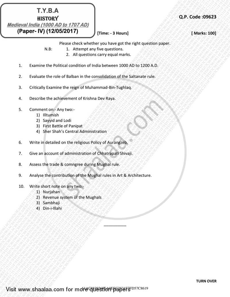 Medieval India (1000 AD to 1707 AD) 2016-2017 - B.A. - 3rd Year (TYBA) - University of Mumbai question paper with PDF download