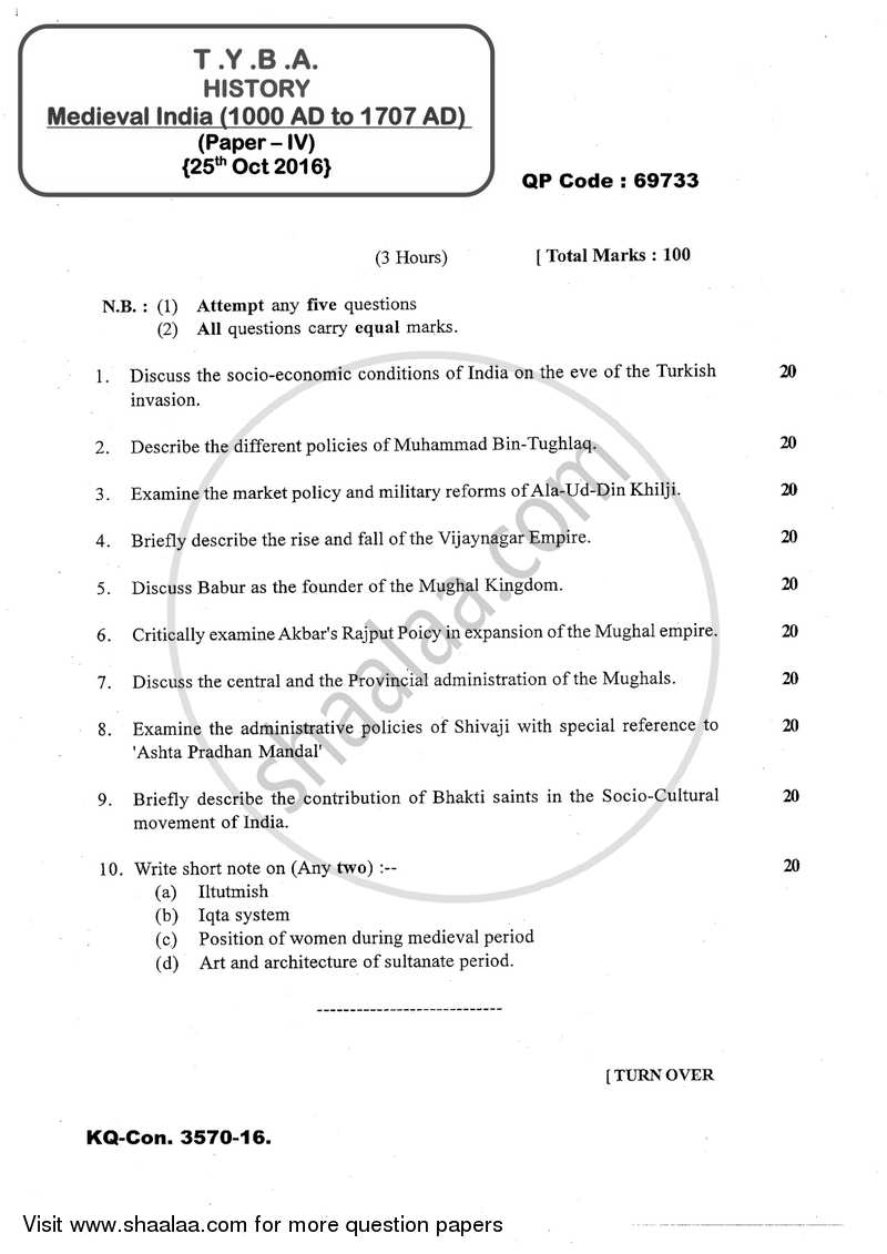 Medieval India (1000 AD to 1707 AD) 2016-2017 - B.A. - 3rd Year (TYBA) - University of Mumbai question paper with PDF download