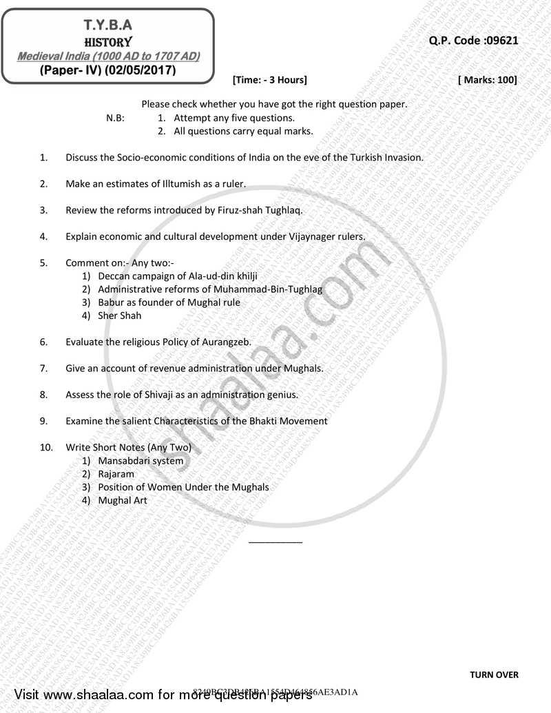 Medieval India (1000 AD to 1707 AD) 2016-2017 - B.A. - 3rd Year (TYBA) - University of Mumbai question paper with PDF download