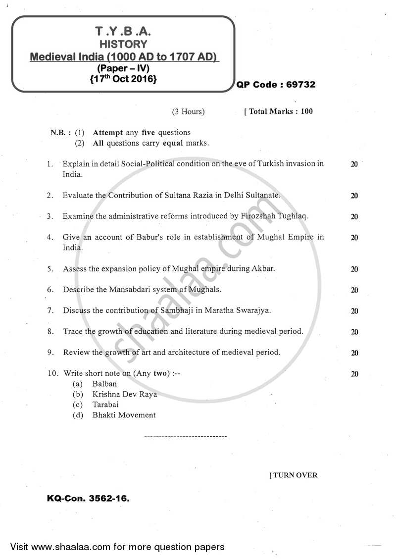 Medieval India (1000 AD to 1707 AD) 2016-2017 - B.A. - 3rd Year (TYBA) - University of Mumbai question paper with PDF download