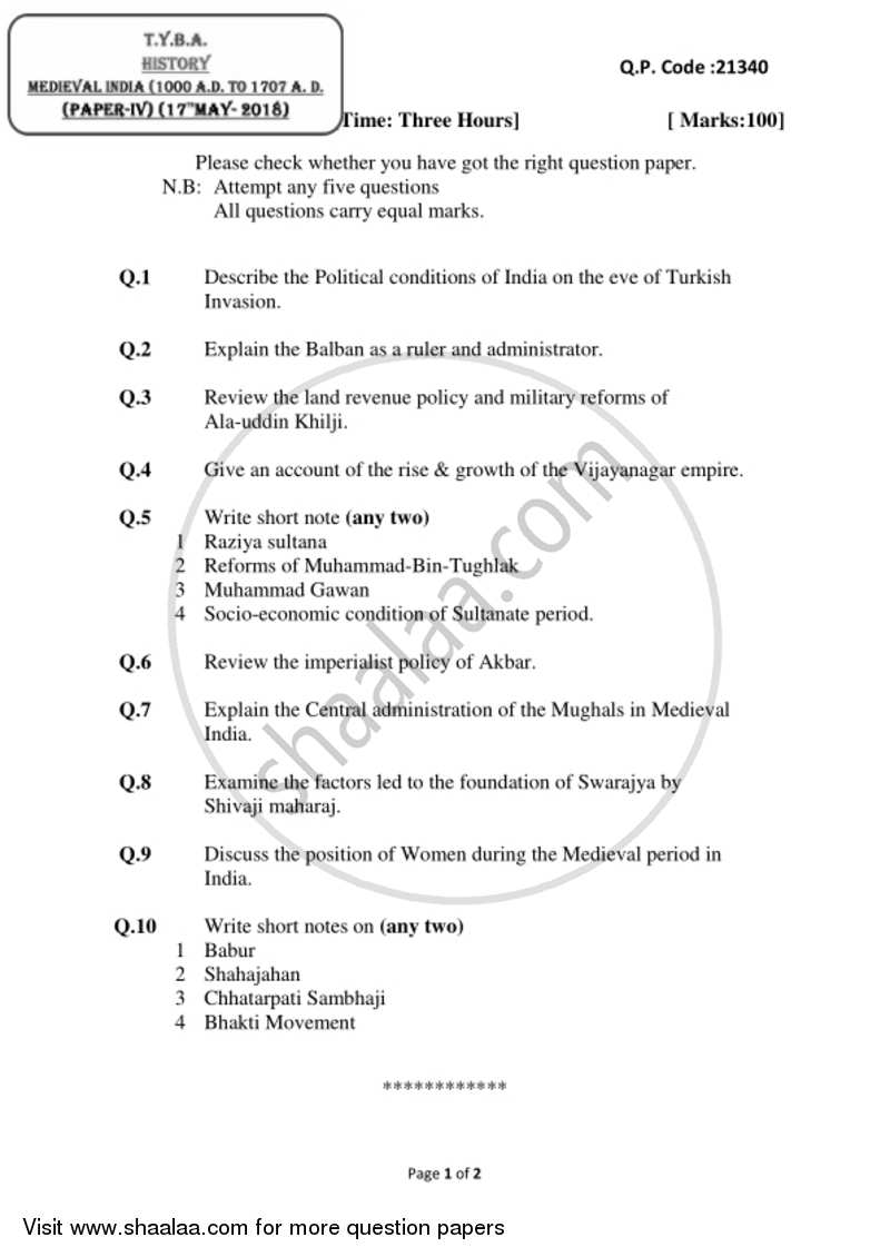 Medieval India (1000 AD to 1707 AD) 2017-2018 - B.A. - 3rd Year (TYBA) - University of Mumbai question paper with PDF download
