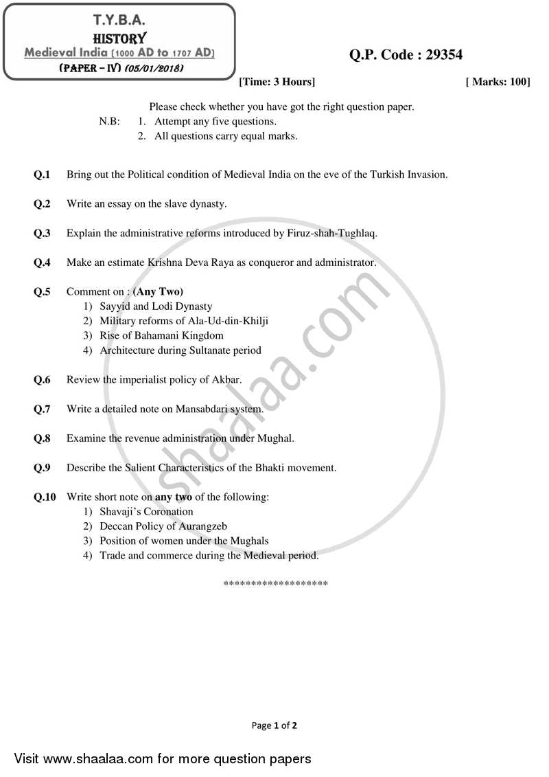 Medieval India (1000 AD to 1707 AD) 2017-2018 - B.A. - 3rd Year (TYBA) - University of Mumbai question paper with PDF download