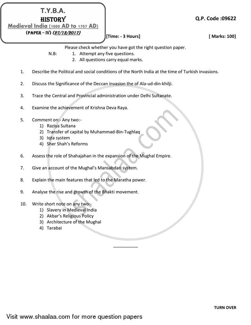 Medieval India (1000 AD to 1707 AD) 2017-2018 - B.A. - 3rd Year (TYBA) - University of Mumbai question paper with PDF download