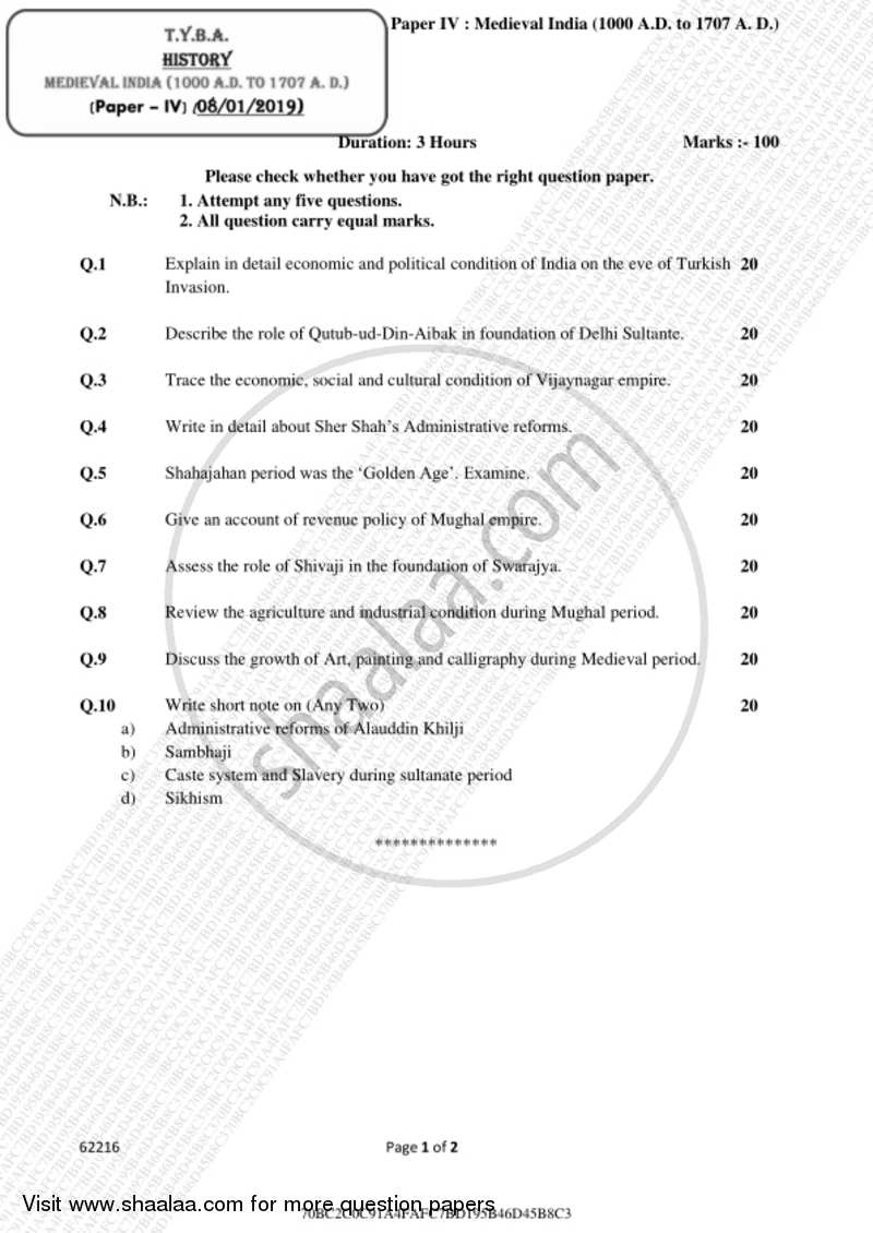 Medieval India (1000 AD to 1707 AD) 2018-2019 - B.A. - 3rd Year (TYBA) - University of Mumbai question paper with PDF download