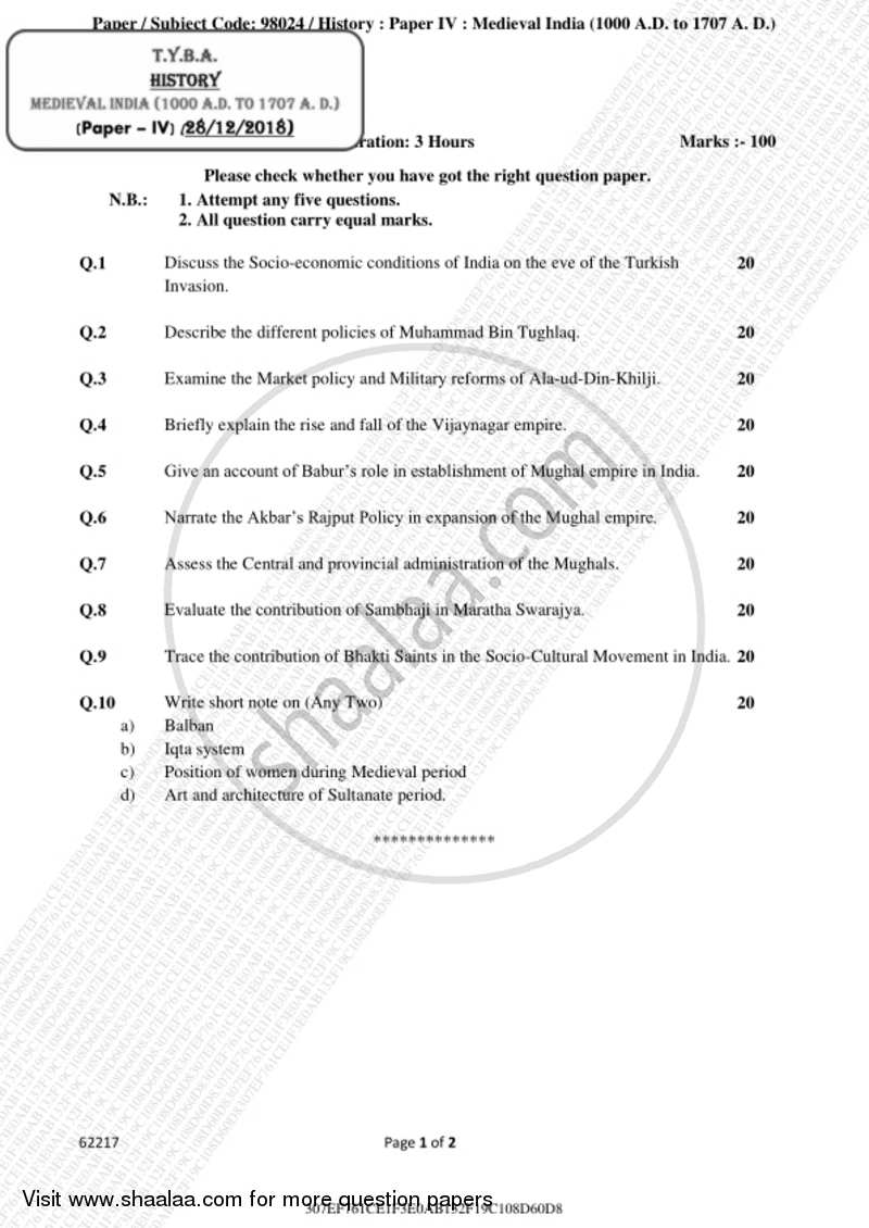 Medieval India (1000 AD to 1707 AD) 2018-2019 - B.A. - 3rd Year (TYBA) - University of Mumbai question paper with PDF download