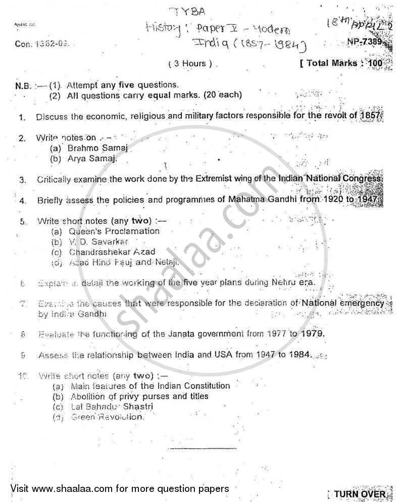 Modern India (1857 ‐ 1984) 2008-2009 - B.A. - 3rd Year (TYBA) - University of Mumbai question paper with PDF download