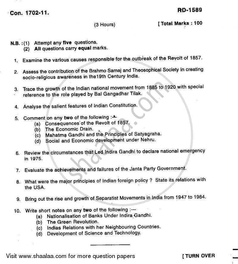 Modern India (1857 ‐ 1984) 2010-2011 - B.A. - 3rd Year (TYBA) - University of Mumbai question paper with PDF download