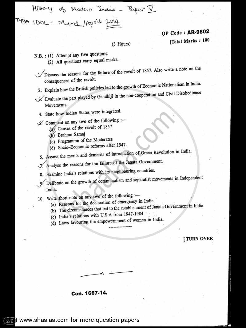 Modern India (1857 ‐ 1984) 2013-2014 - B.A. - 3rd Year (TYBA) - University of Mumbai question paper with PDF download