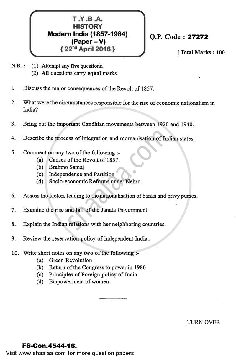 Modern India (1857 ‐ 1984) 2015-2016 - B.A. - 3rd Year (TYBA) - University of Mumbai question paper with PDF download