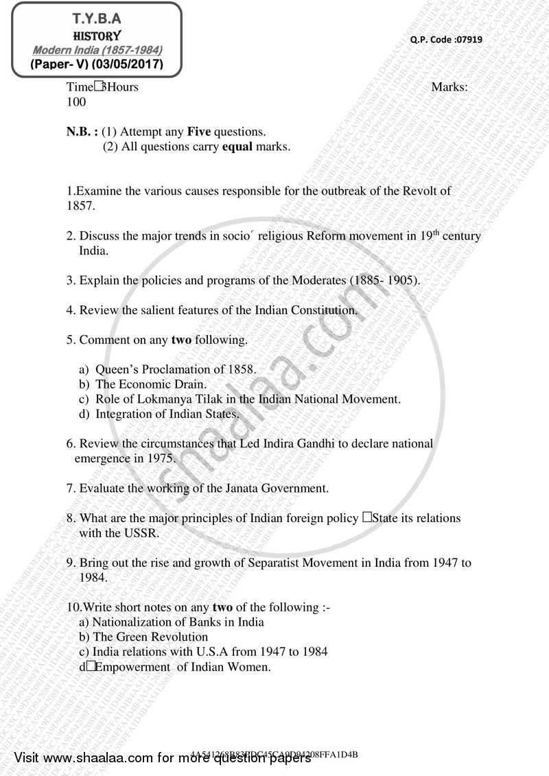 Modern India (1857 ‐ 1984) 2016-2017 - B.A. - 3rd Year (TYBA) - University of Mumbai question paper with PDF download