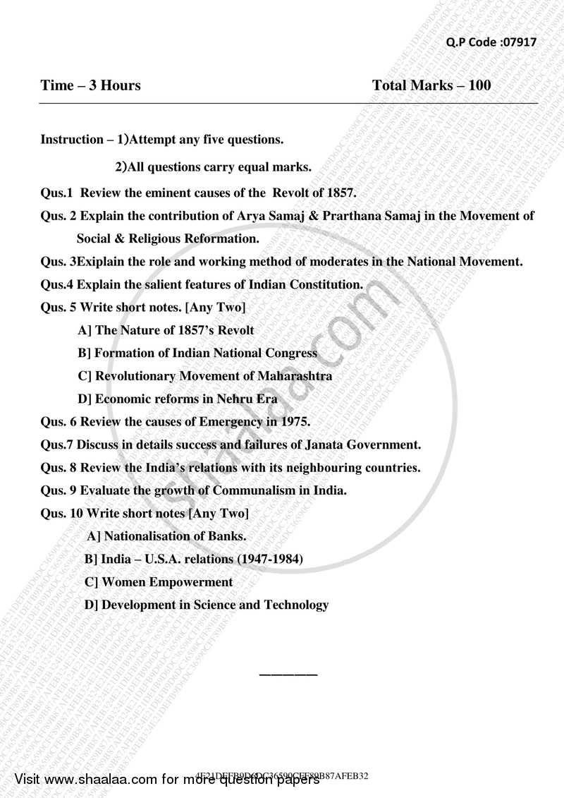 Modern India (1857 ‐ 1984) 2016-2017 - B.A. - 3rd Year (TYBA) - University of Mumbai question paper with PDF download