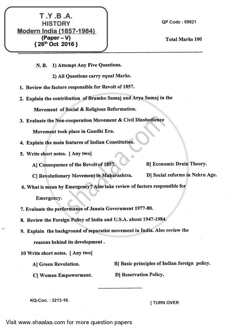 Modern India (1857 ‐ 1984) 2016-2017 - B.A. - 3rd Year (TYBA) - University of Mumbai question paper with PDF download
