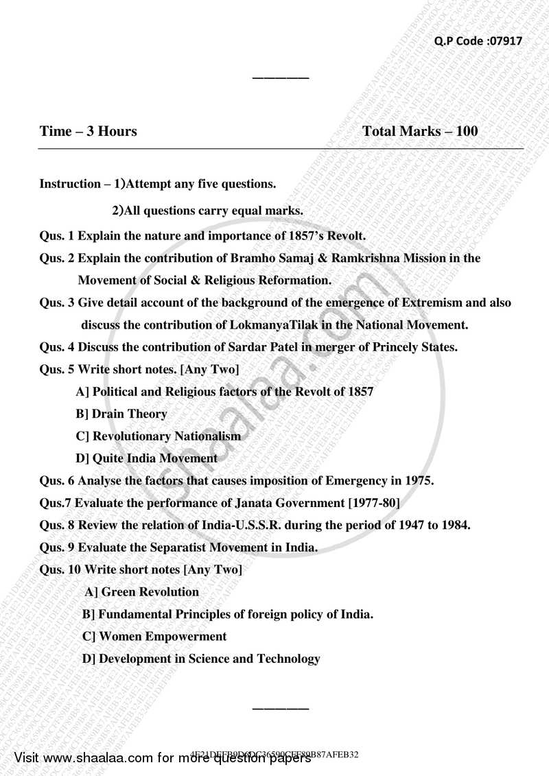 Modern India (1857 ‐ 1984) 2016-2017 - B.A. - 3rd Year (TYBA) - University of Mumbai question paper with PDF download