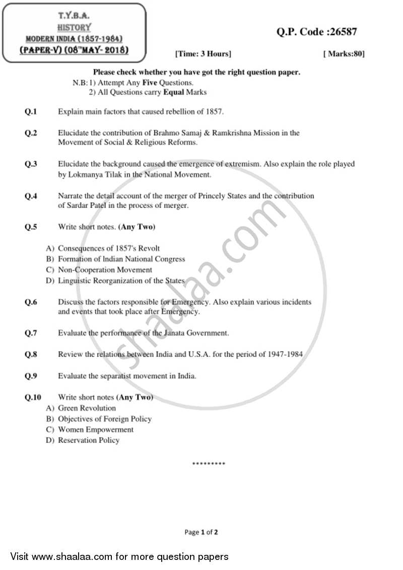 Modern India (1857 ‐ 1984) 2017-2018 - B.A. - 3rd Year (TYBA) - University of Mumbai question paper with PDF download