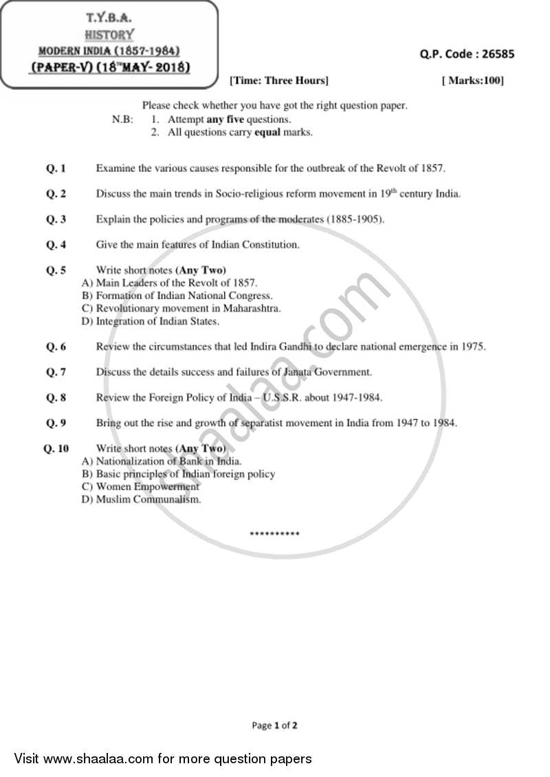 Modern India (1857 ‐ 1984) 2017-2018 - B.A. - 3rd Year (TYBA) - University of Mumbai question paper with PDF download