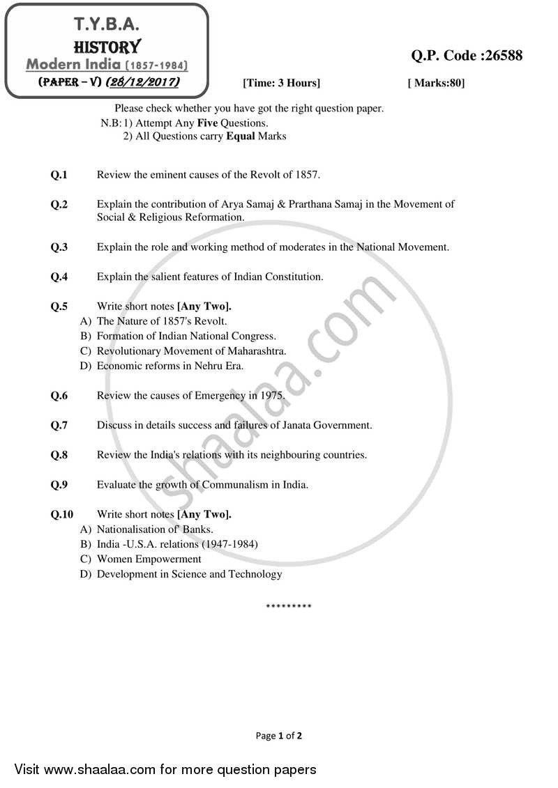 Modern India (1857 ‐ 1984) 2017-2018 - B.A. - 3rd Year (TYBA) - University of Mumbai question paper with PDF download
