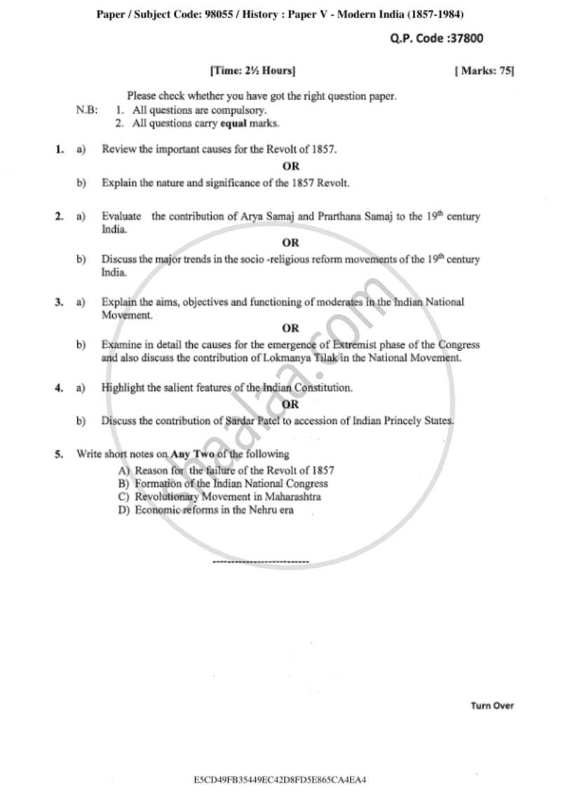 Modern India (1857 ‐ 1984) 2018-2019 - B.A. - 3rd Year (TYBA) - University of Mumbai question paper with PDF download