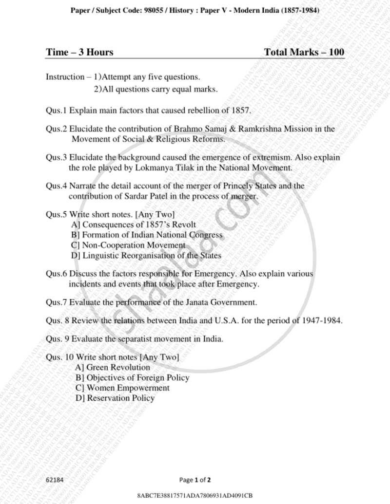 Modern India (1857 ‐ 1984) 2018-2019 - B.A. - 3rd Year (TYBA) - University of Mumbai question paper with PDF download