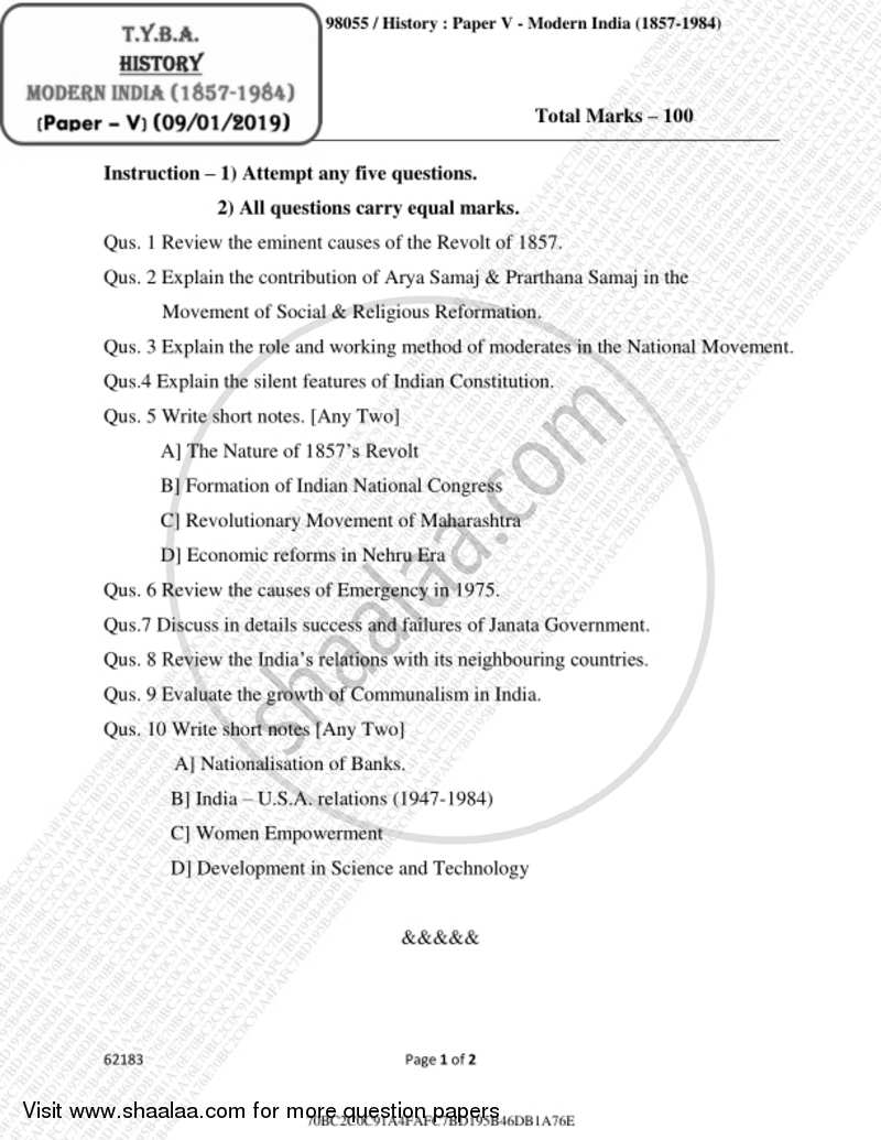 Modern India (1857 ‐ 1984) 2018-2019 - B.A. - 3rd Year (TYBA) - University of Mumbai question paper with PDF download