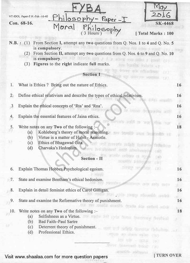 Philosophy Paper 1 (Moral Philosophy) 2015-2016 - B.A. - 1st Year (FYBA) - University of Mumbai question paper with PDF download
