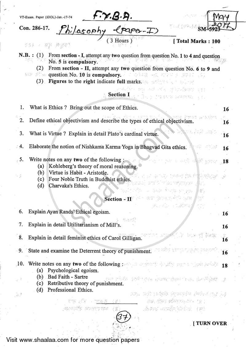 Philosophy Paper 1 (Moral Philosophy) 2016-2017 - B.A. - 1st Year (FYBA) - University of Mumbai question paper with PDF download