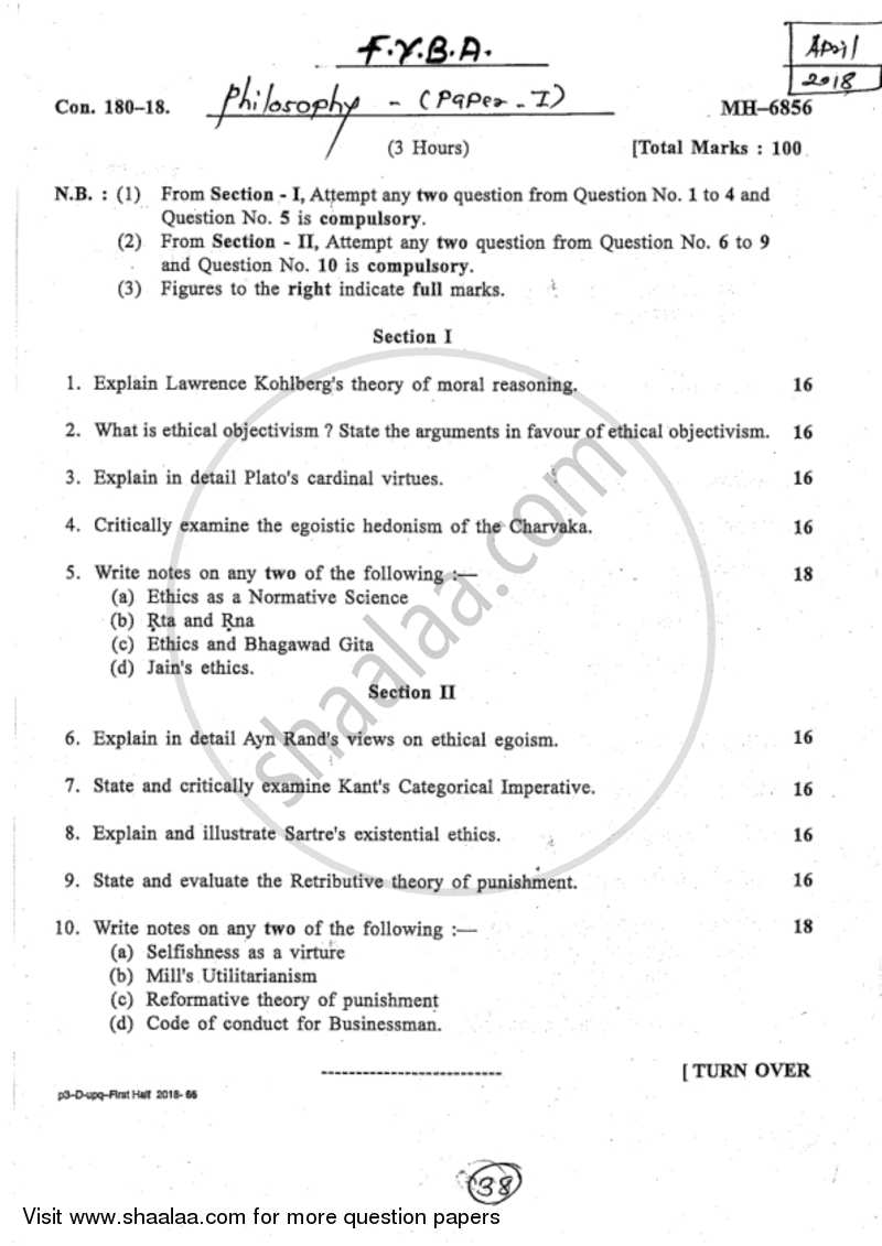Philosophy Paper 1 (Moral Philosophy) 2017-2018 - B.A. - 1st Year (FYBA) - University of Mumbai question paper with PDF download