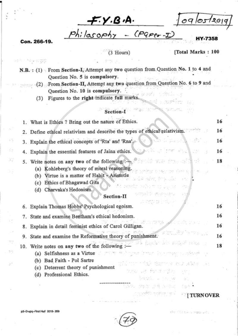 Philosophy Paper 1 (Moral Philosophy) 2018-2019 - B.A. - 1st Year (FYBA) - University of Mumbai question paper with PDF download