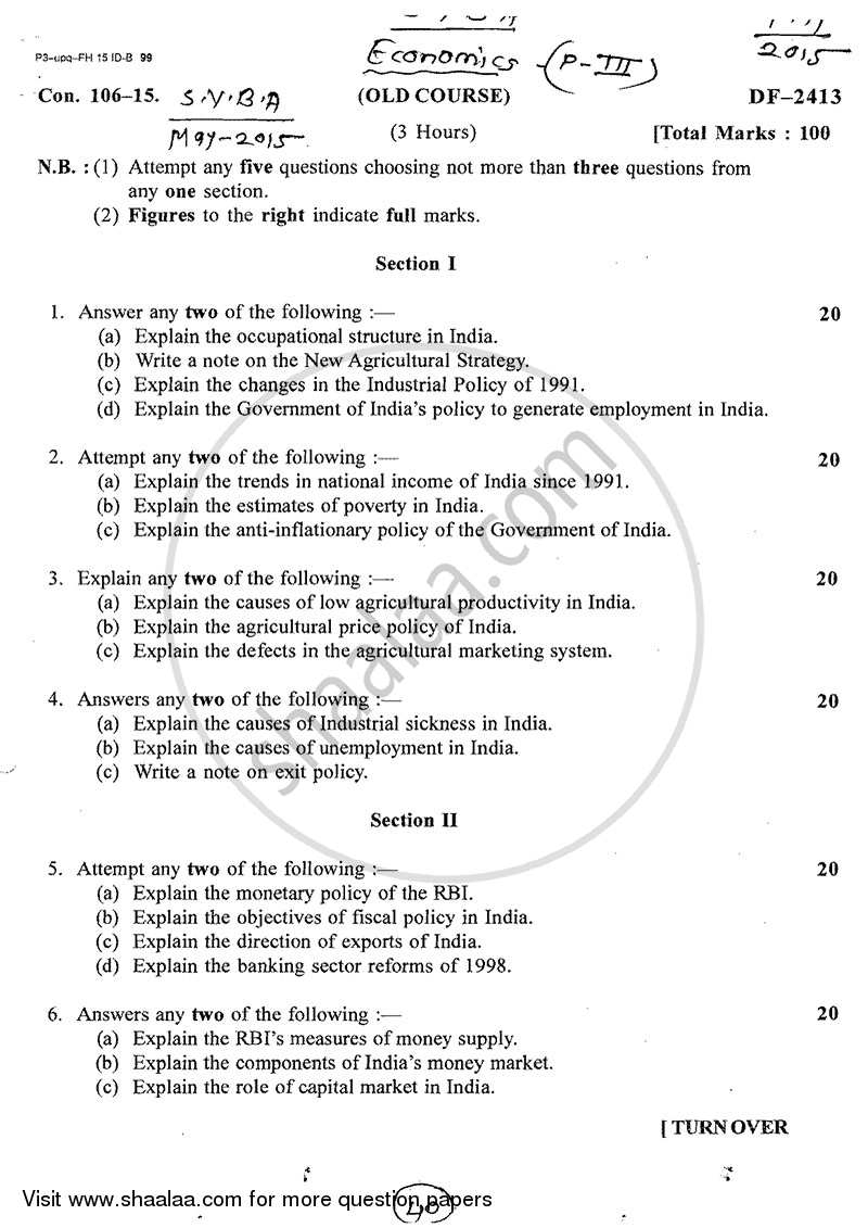 Policies and Prospects of Indian Economy 2014-2015 - B.A. - 2nd Year (SYBA) - University of Mumbai question paper with PDF download
