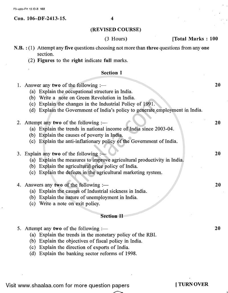 Policies and Prospects of Indian Economy 2014-2015 - B.A. - 2nd Year (SYBA) - University of Mumbai question paper with PDF download