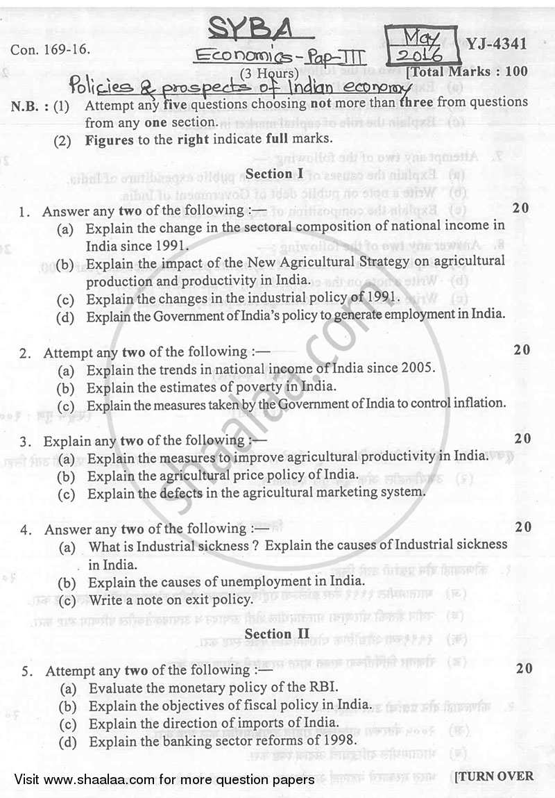 Policies and Prospects of Indian Economy 2015-2016 - B.A. - 2nd Year (SYBA) - University of Mumbai question paper with PDF download