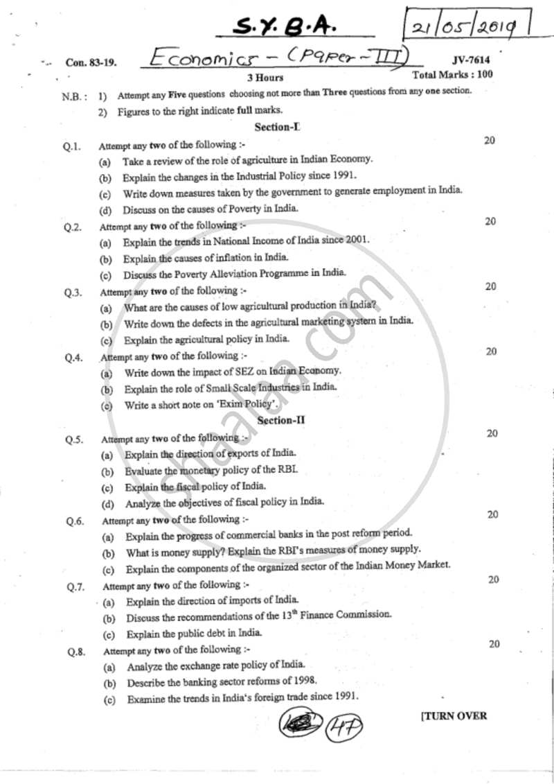 Policies and Prospects of Indian Economy 2018-2019 - B.A. - 2nd Year (SYBA) - University of Mumbai question paper with PDF download