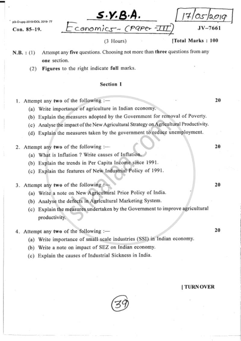 Policies and Prospects of Indian Economy 2018-2019 - B.A. - 2nd Year (SYBA) - University of Mumbai question paper with PDF download