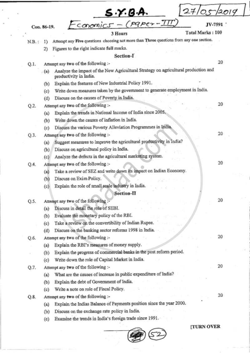 Policies and Prospects of Indian Economy 2018-2019 - B.A. - 2nd Year (SYBA) - University of Mumbai question paper with PDF download