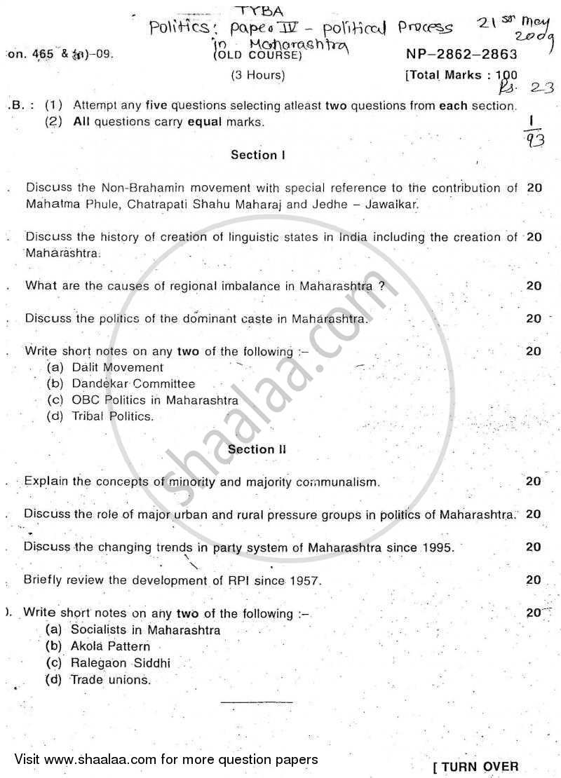 Political Process in Maharashtra 2008-2009 - B.A. - Semester 6 (TYBA) - University of Mumbai question paper with PDF download
