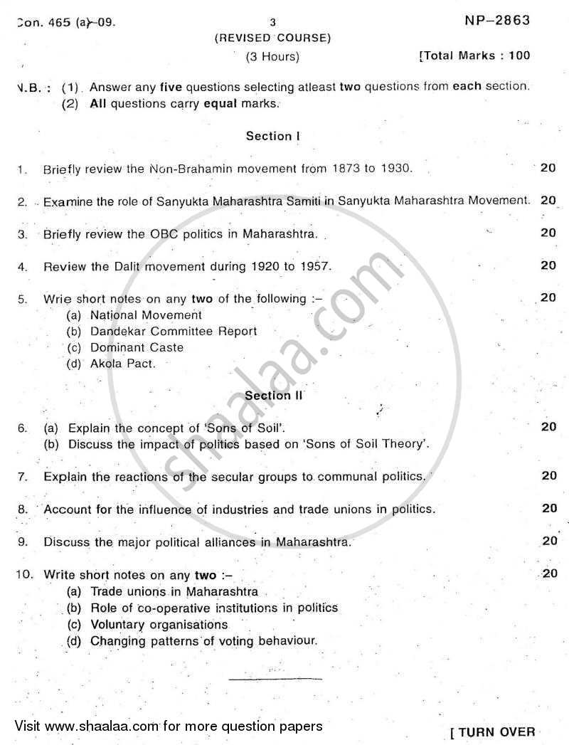 Political Process in Maharashtra 2008-2009 - B.A. - Semester 6 (TYBA) - University of Mumbai question paper with PDF download
