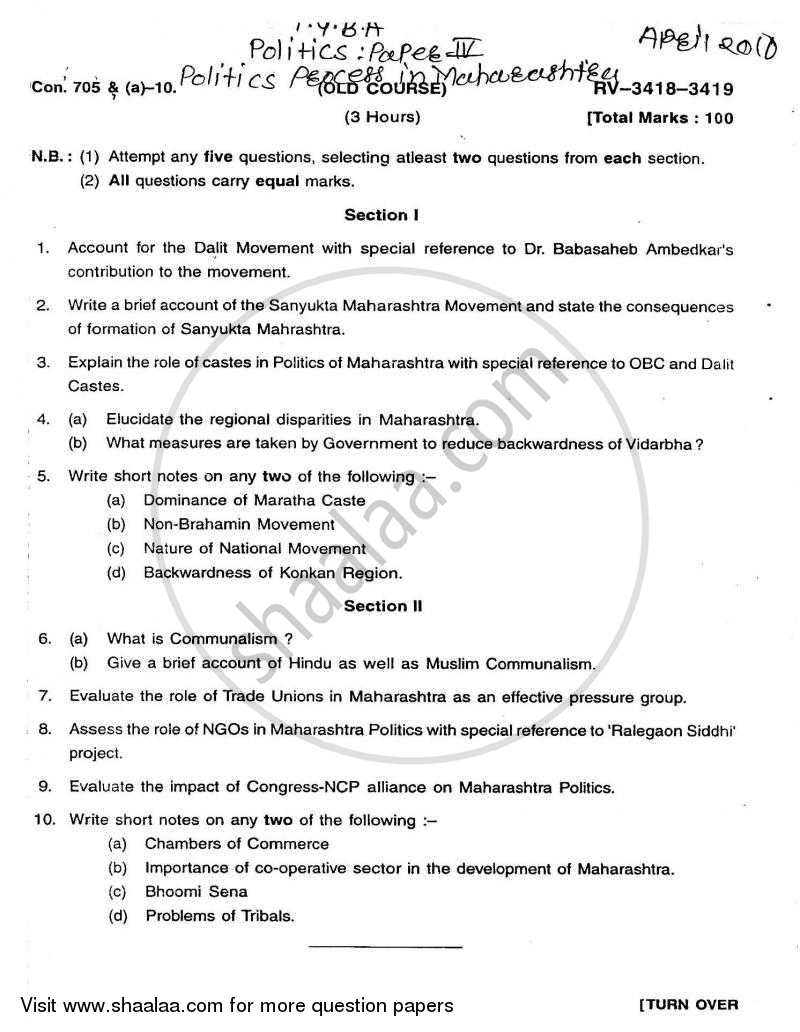 Political Process in Maharashtra 2009-2010 - B.A. - Semester 6 (TYBA) - University of Mumbai question paper with PDF download