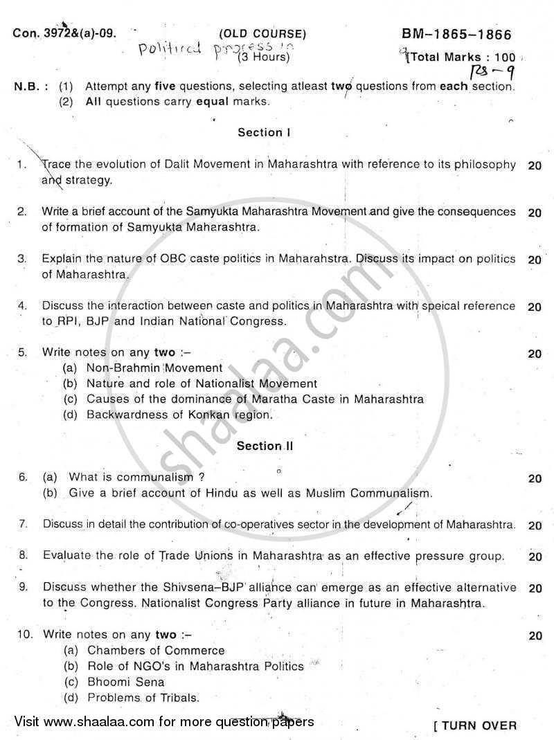 Political Process in Maharashtra 2009-2010 - B.A. - Semester 6 (TYBA) - University of Mumbai question paper with PDF download
