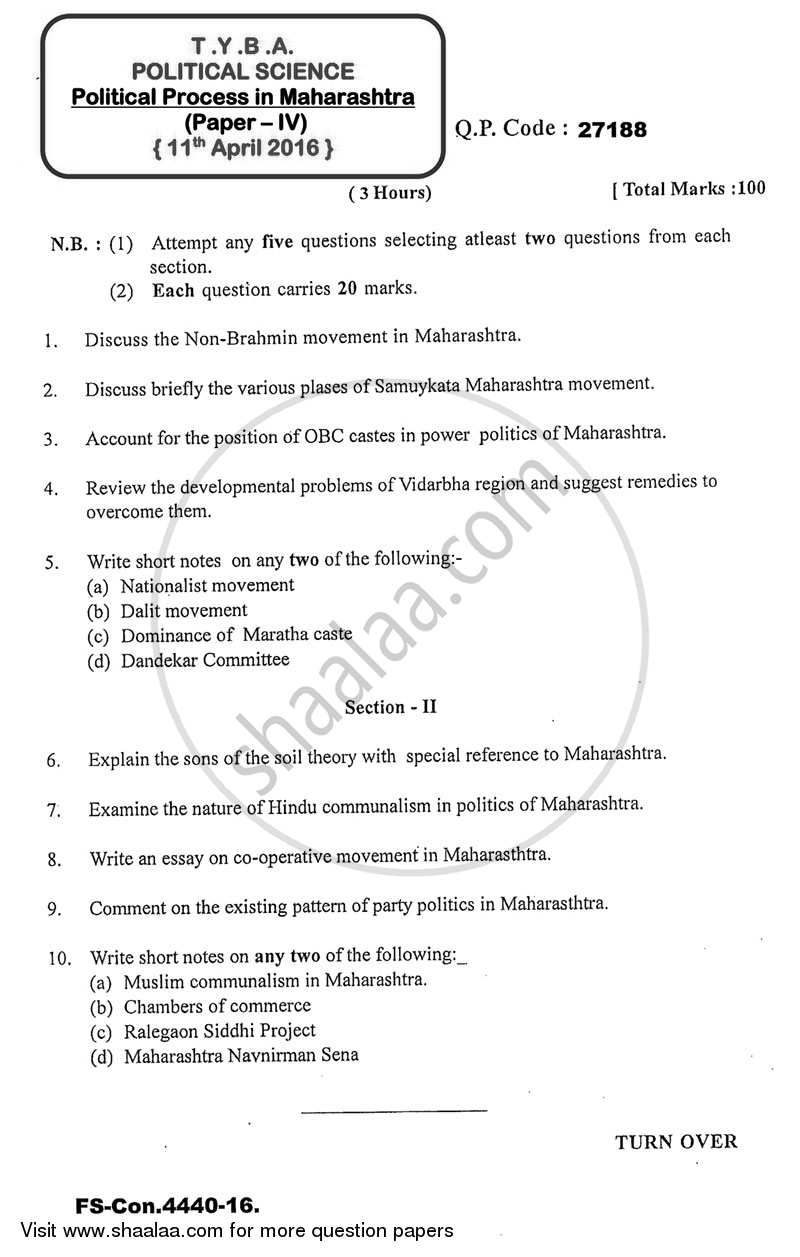 Political Process in Maharashtra 2015-2016 - B.A. - 3rd Year (TYBA) - University of Mumbai question paper with PDF download