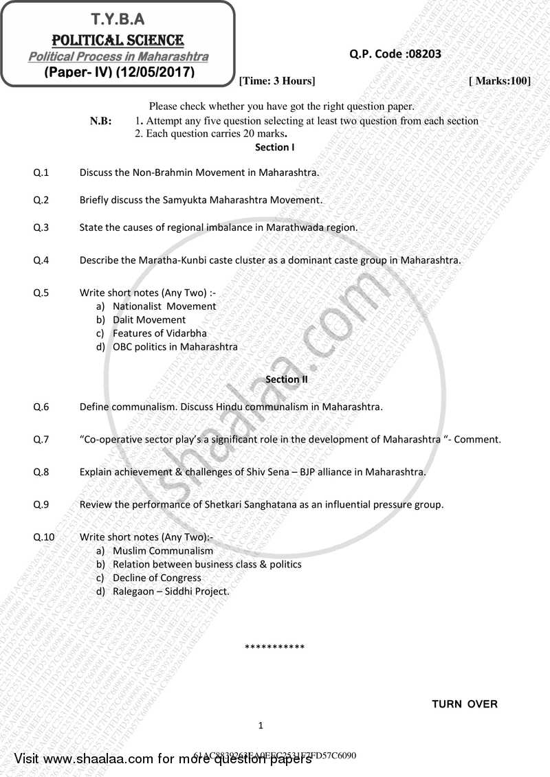 Political Process in Maharashtra 2016-2017 - B.A. - 3rd Year (TYBA) - University of Mumbai question paper with PDF download