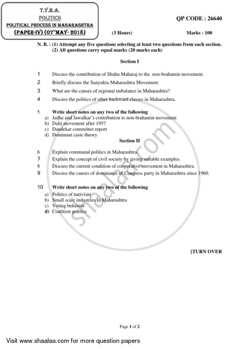 Political Process in Maharashtra 2017-2018 - B.A. - 3rd Year (TYBA) - University of Mumbai question paper with PDF download