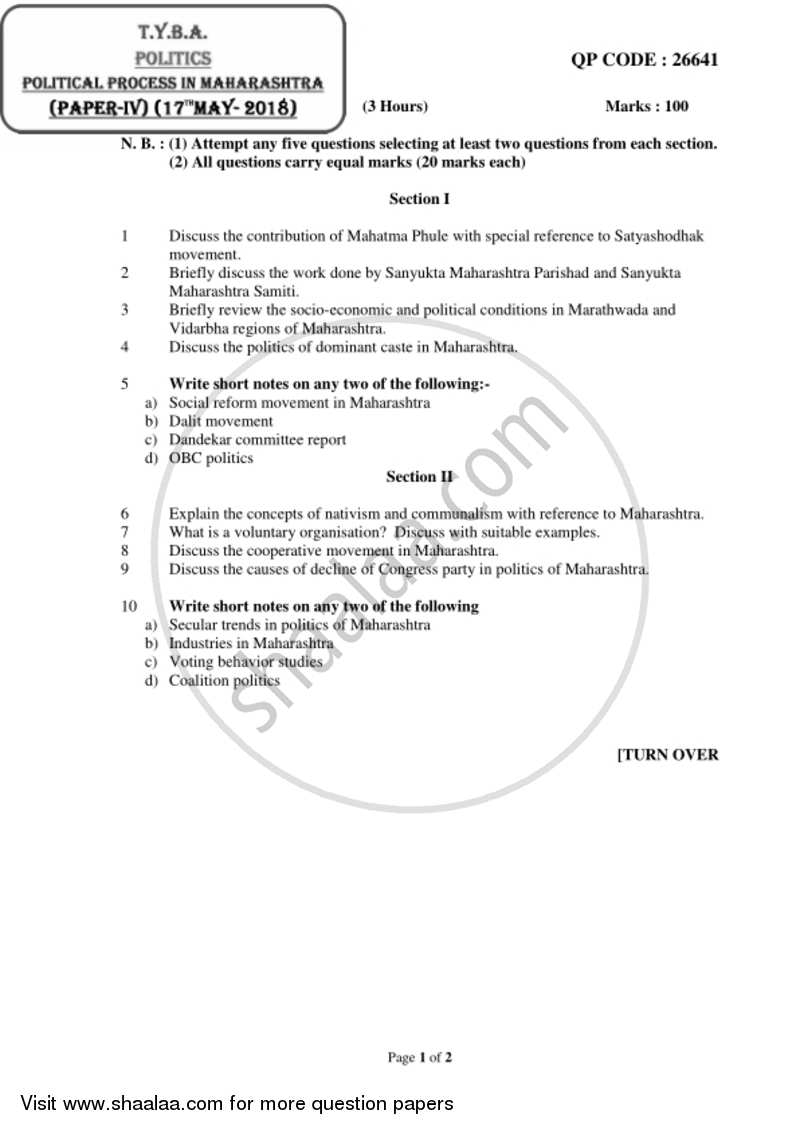 Political Process in Maharashtra 2017-2018 - B.A. - 3rd Year (TYBA) - University of Mumbai question paper with PDF download