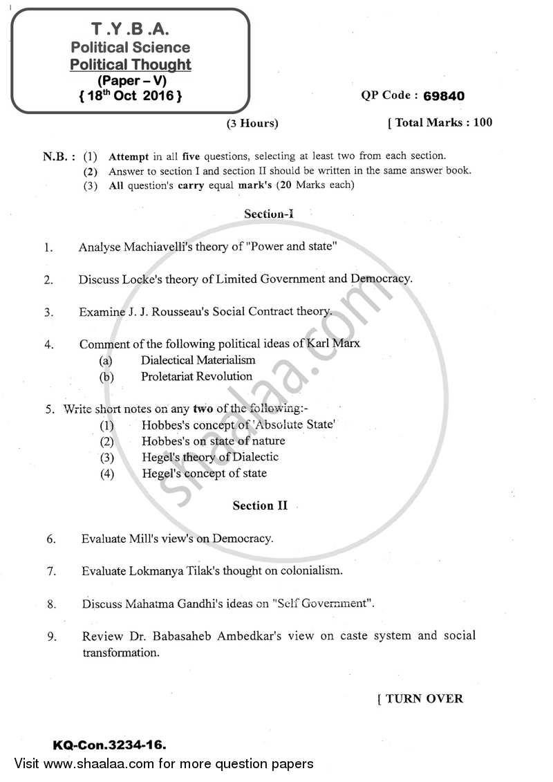 Political Thought 2016-2017 - B.A. - 3rd Year (TYBA) - University of Mumbai question paper with PDF download