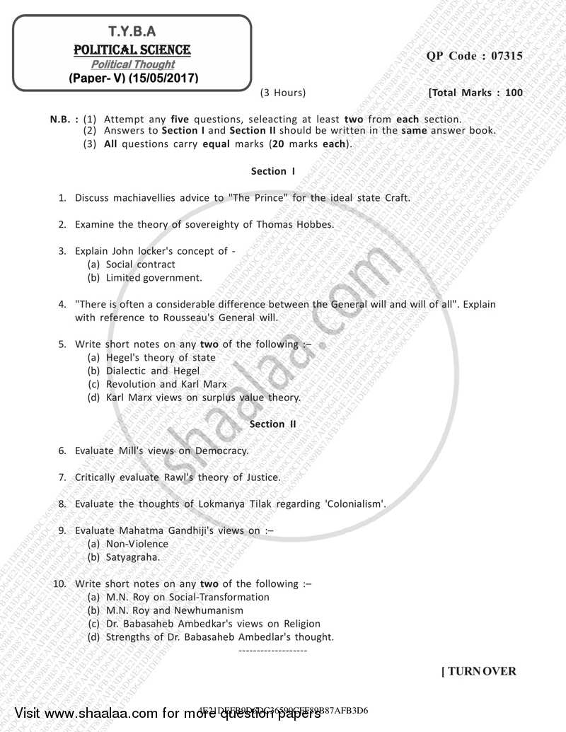 Political Thought 2016-2017 - B.A. - 3rd Year (TYBA) - University of Mumbai question paper with PDF download