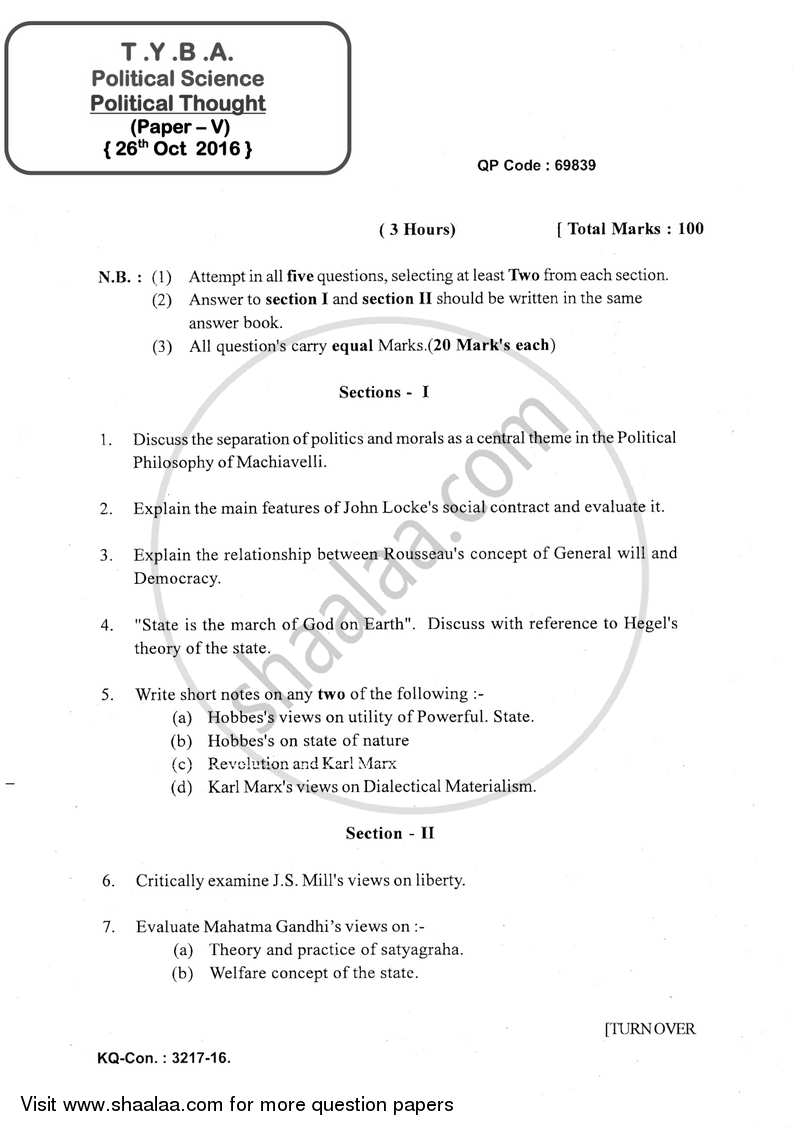 Political Thought 2016-2017 - B.A. - 3rd Year (TYBA) - University of Mumbai question paper with PDF download