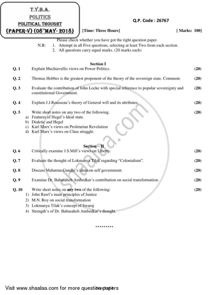 Political Thought 2017-2018 - B.A. - 3rd Year (TYBA) - University of Mumbai question paper with PDF download